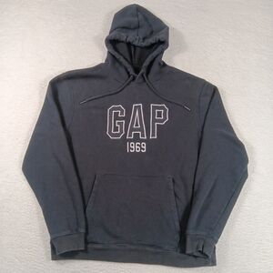 Gap Hoodie Mens Medium Black Fleece Pullover Spellout 1969 Y2K Embroidered
